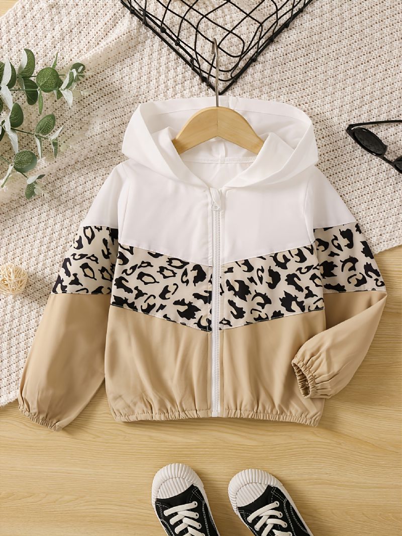 Toddler Flickor Leopard Panel Colorblock Zip Up Huvjacka