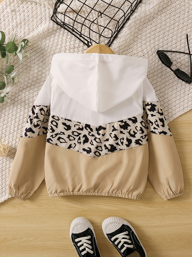 Toddler Flickor Leopard Panel Colorblock Zip Up Huvjacka