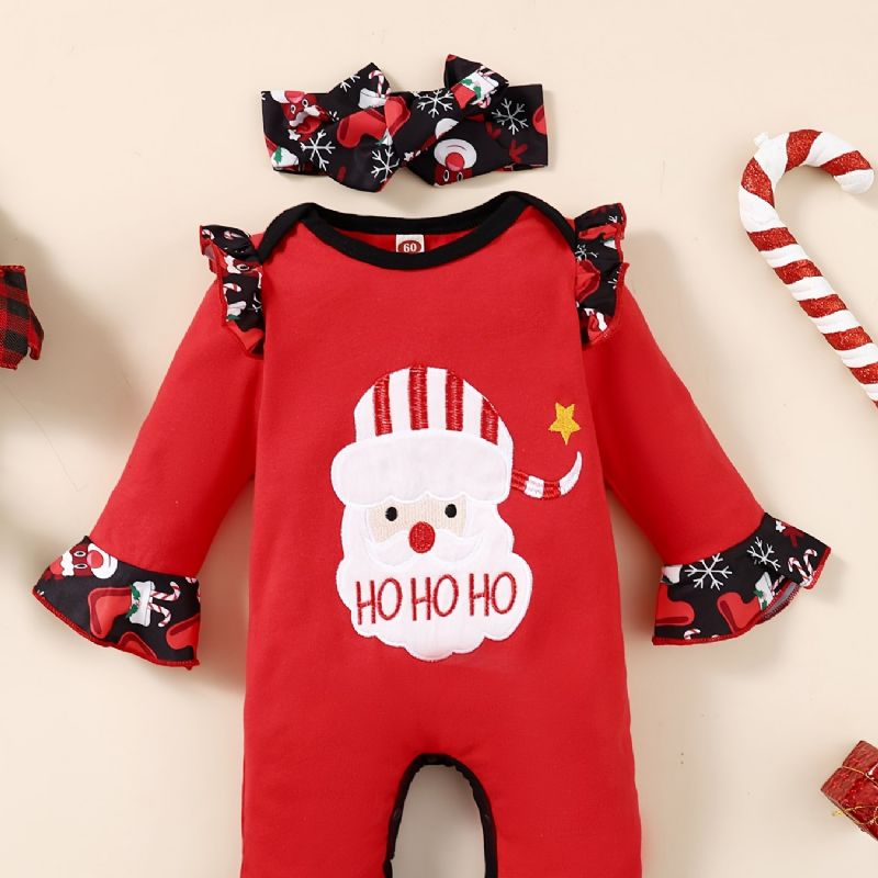 2 St Småbarn Bebis Jultomten Broderad Jumpsuit Romper & Hårband Set För Flickor