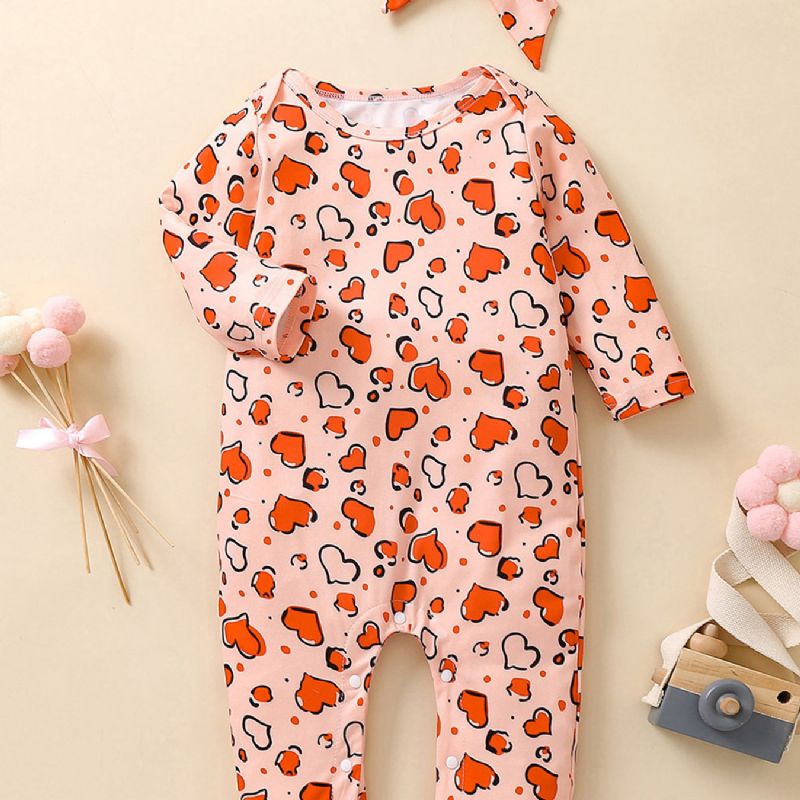 2st Flickor Heart Print Långärmad Jumpsuit & Hårband Set