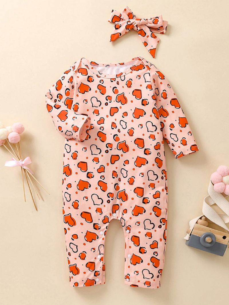 2st Flickor Heart Print Långärmad Jumpsuit & Hårband Set