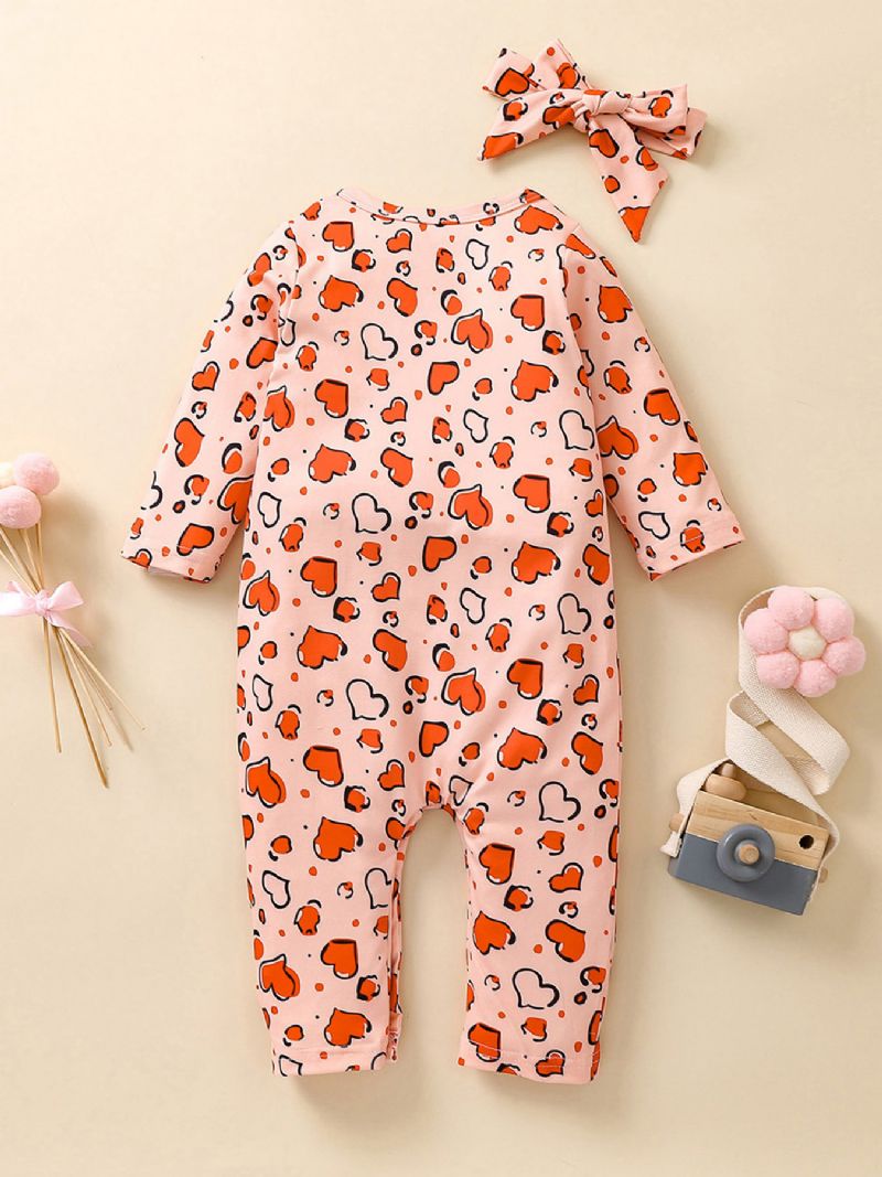 2st Flickor Heart Print Långärmad Jumpsuit & Hårband Set