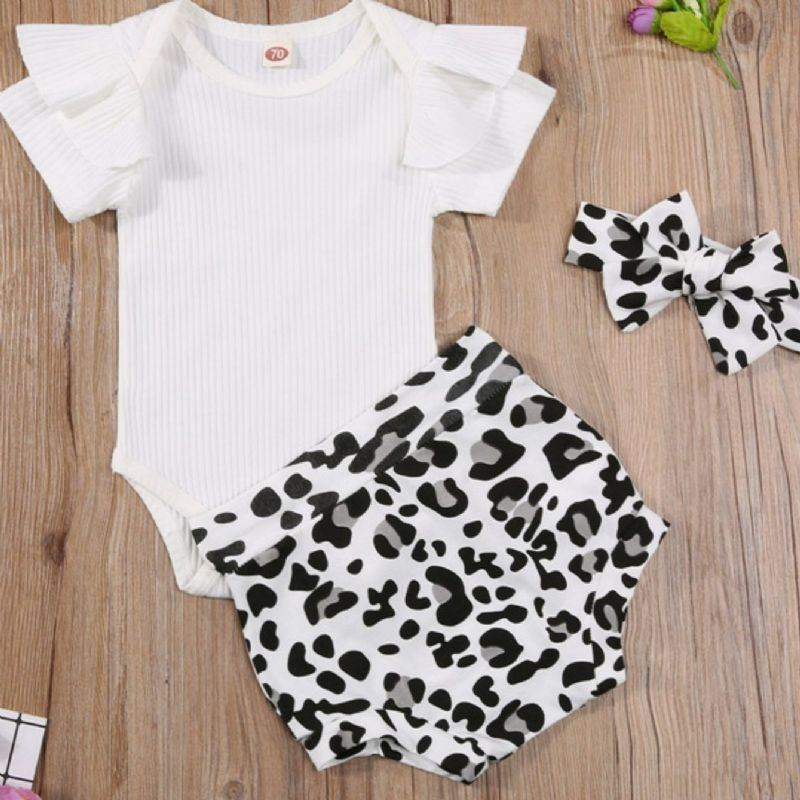 3st Bebis Flickor Volanger Ärm Onesie Outfit Jumpsuit Med Pannband