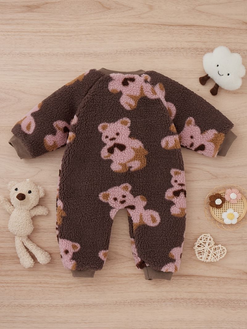 Bebis Bear Plysch Romper Rund Hals Långärmad Jumpsuit Med Knapp Varm Vinter Flickor Pojkar Barnkläder