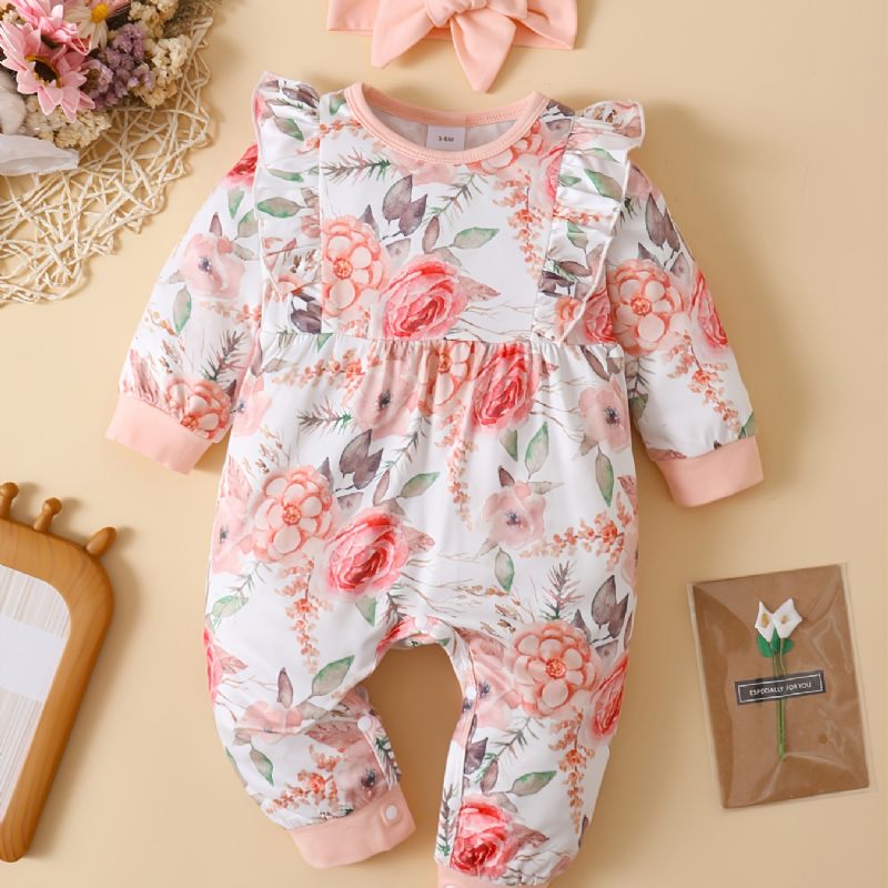 Bebis Flickor Blommönster Långärmad Jumpsuit Casual Söt Fleece För Vintern