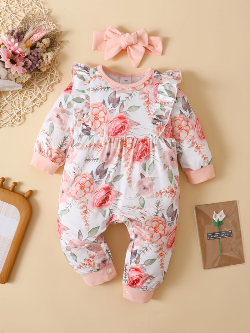 Bebis Flickor Blommönster Långärmad Jumpsuit Casual Söt Fleece För Vintern