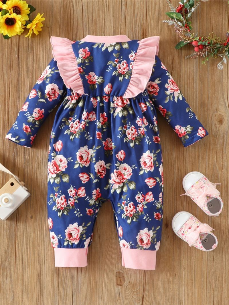 Bebis Flickor Blommönster Rosett Spets Trim Jumpsuit