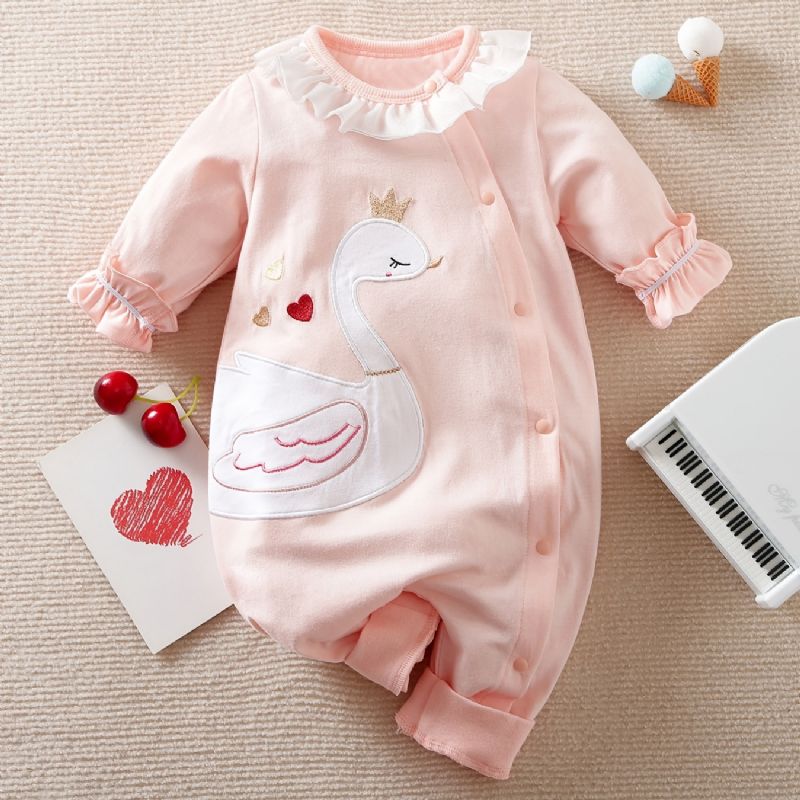 Bebis Flickor Bomulls Jumpsuits Långärmade Rompers Med Swan Print