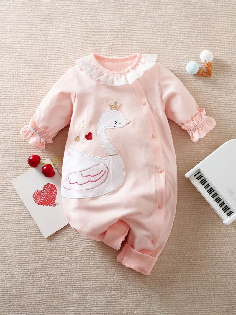 Bebis Flickor Bomulls Jumpsuits Långärmade Rompers Med Swan Print