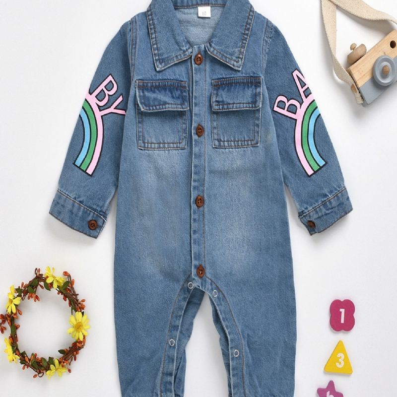 Bebis Flickor Casual Söt Denim Romper Långärmad Lapel Jumpsuit Med Bokstavstryck För Vintern