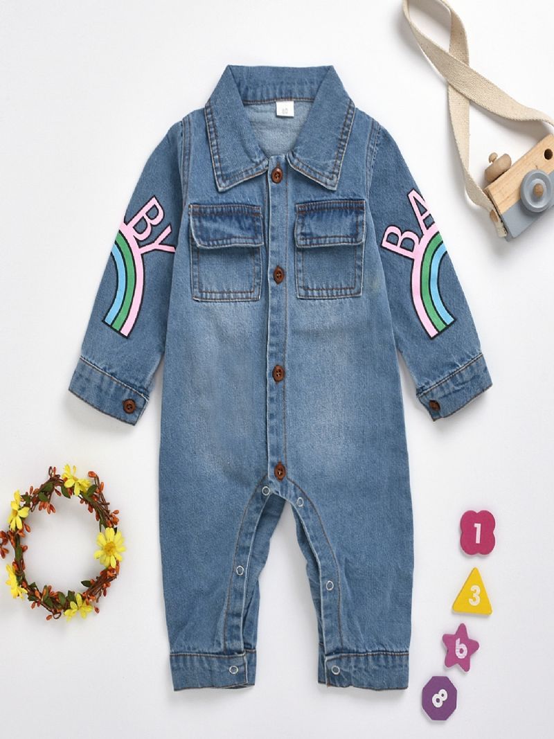 Bebis Flickor Casual Söt Denim Romper Långärmad Lapel Jumpsuit Med Bokstavstryck För Vintern