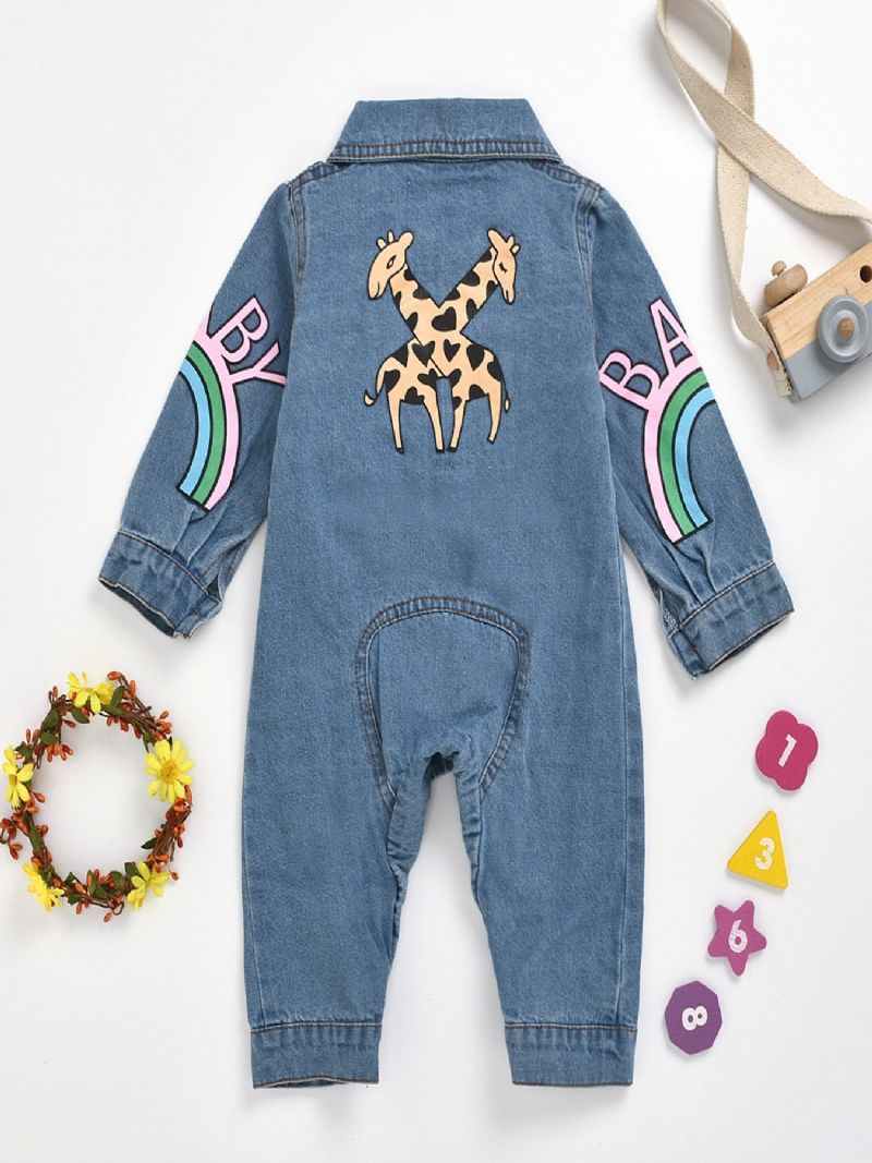 Bebis Flickor Casual Söt Denim Romper Långärmad Lapel Jumpsuit Med Bokstavstryck För Vintern