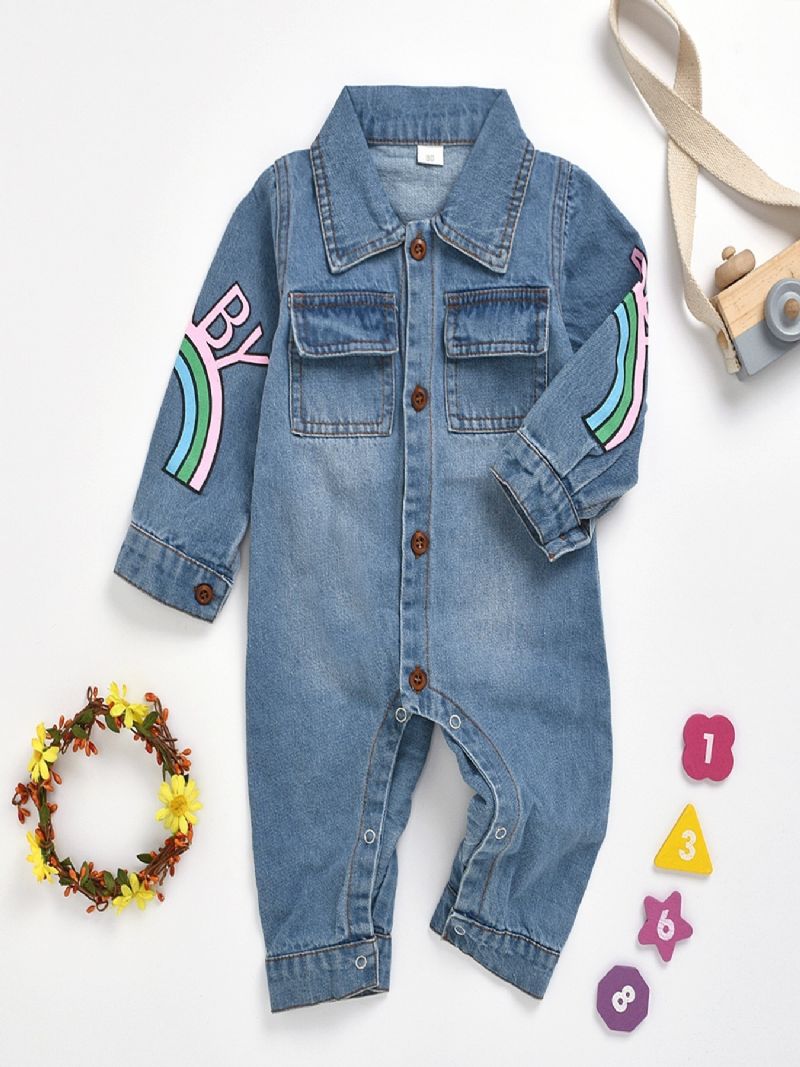 Bebis Flickor Casual Söt Denim Romper Långärmad Lapel Jumpsuit Med Bokstavstryck För Vintern