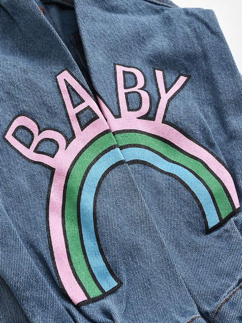 Bebis Flickor Casual Söt Denim Romper Långärmad Lapel Jumpsuit Med Bokstavstryck För Vintern