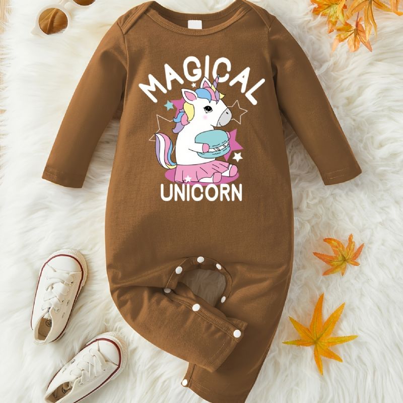 Bebis Flickor Casual Söt Romper Med Unicorn Print Långärmad Crew Neck Jumpsuit