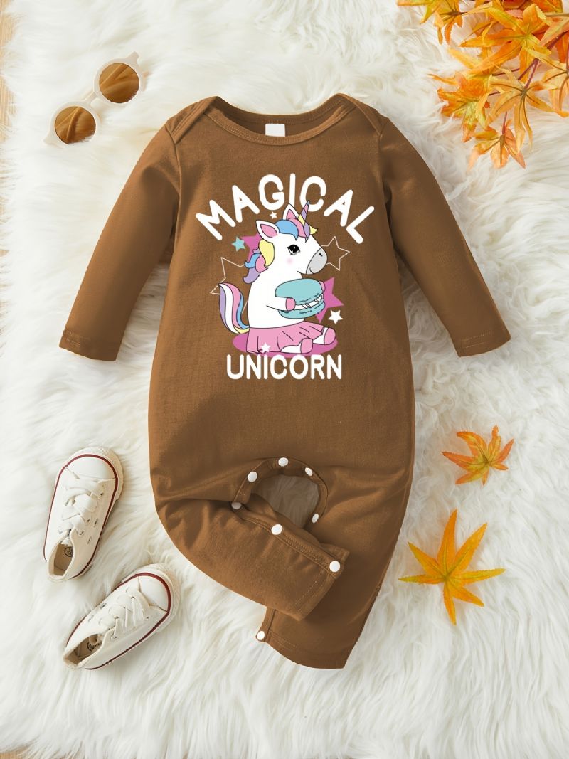 Bebis Flickor Casual Söt Romper Med Unicorn Print Långärmad Crew Neck Jumpsuit