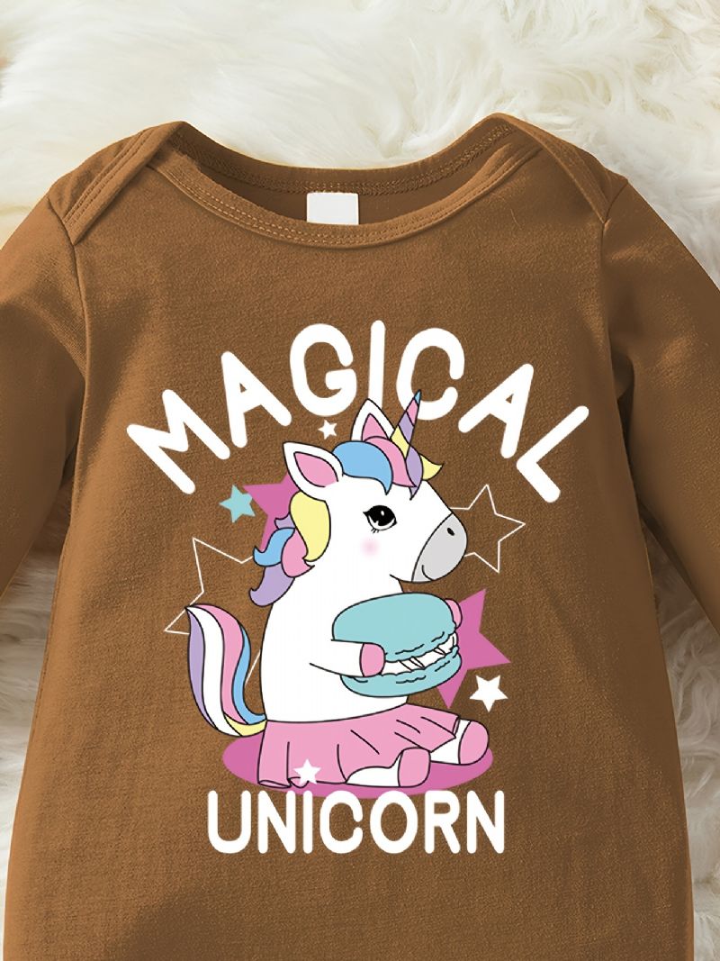 Bebis Flickor Casual Söt Romper Med Unicorn Print Långärmad Crew Neck Jumpsuit