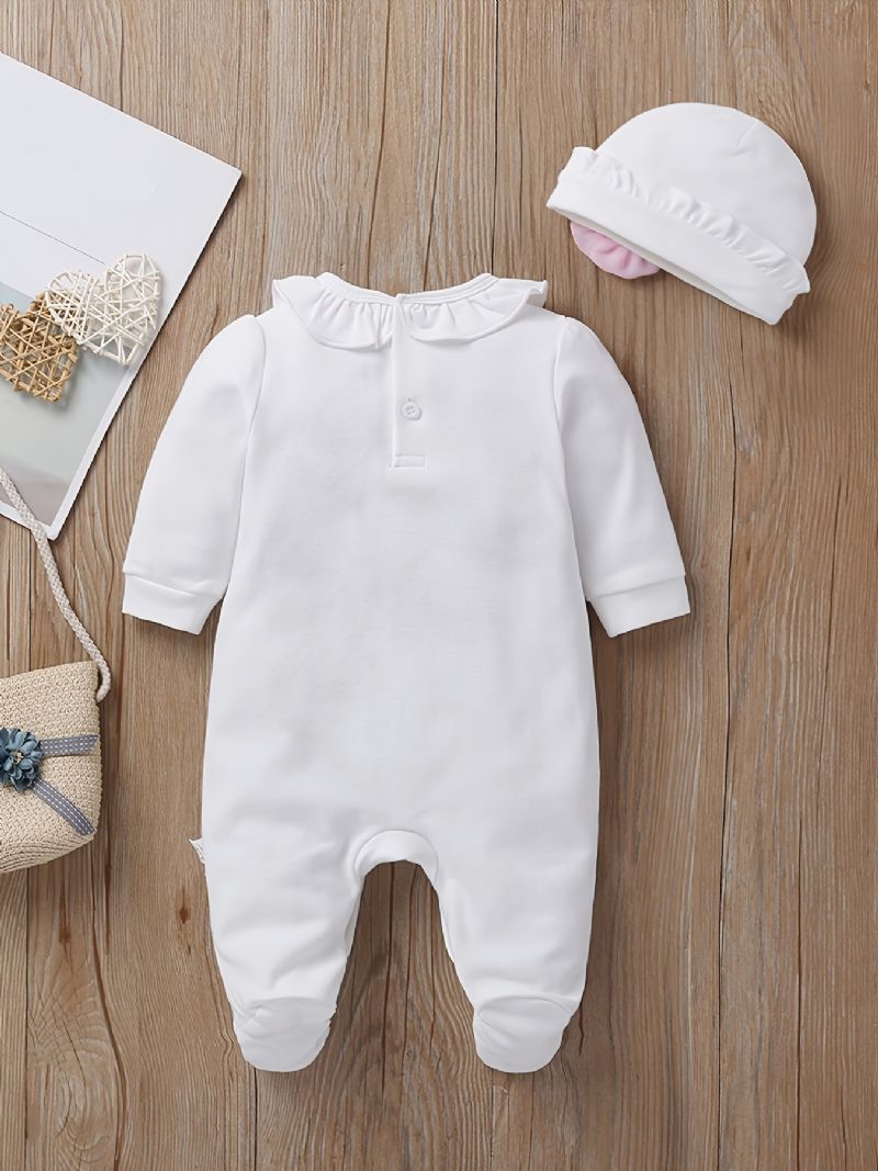 Bebis Flickor Footies Ruffle Crew Neck Jumpsuit & Hatt Set Rompers För Jul