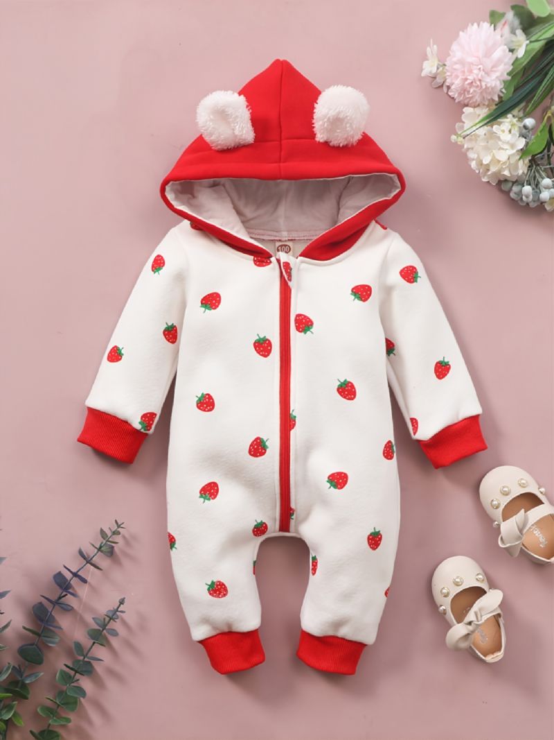 Bebis Flickor Hooded Jumpsuit Med Dragkedja & Jordgubbstryck Dekor För Höst Och Vinter Nytt