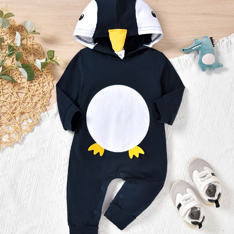 Bebis Flickor Hooded Jumpsuits Med Tecknad Penguin Design