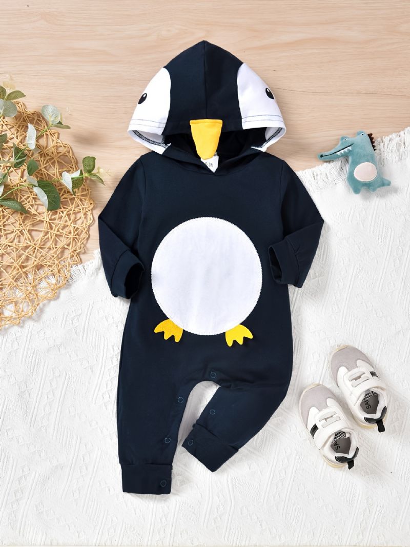 Bebis Flickor Hooded Jumpsuits Med Tecknad Penguin Design