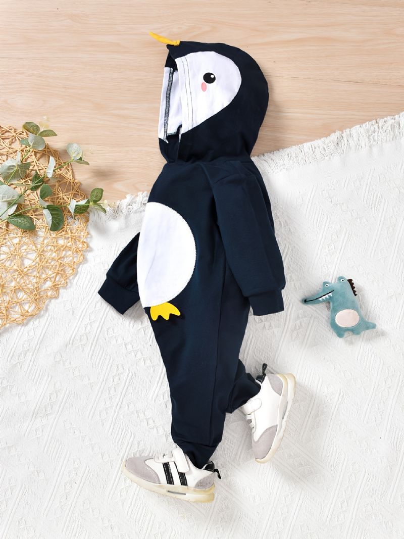 Bebis Flickor Hooded Jumpsuits Med Tecknad Penguin Design