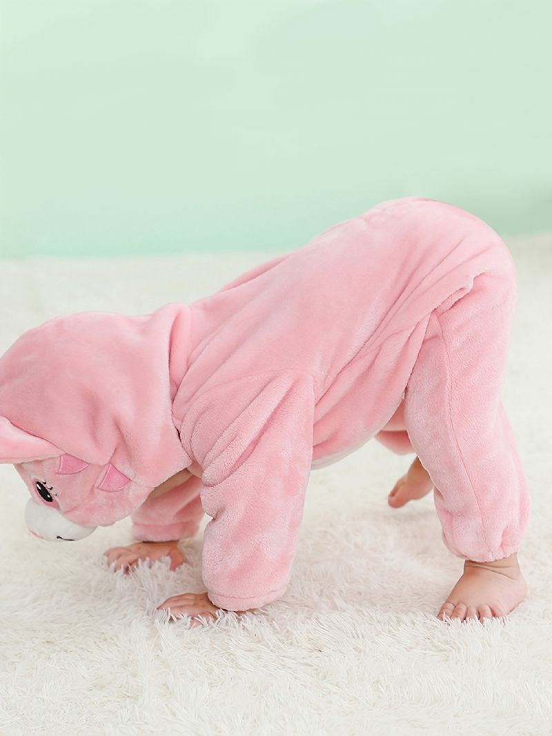 Bebis Flickor Hooded Pyjamas Söt Djur Mjuk Varm Dragkedja Jumpsuit Vinter