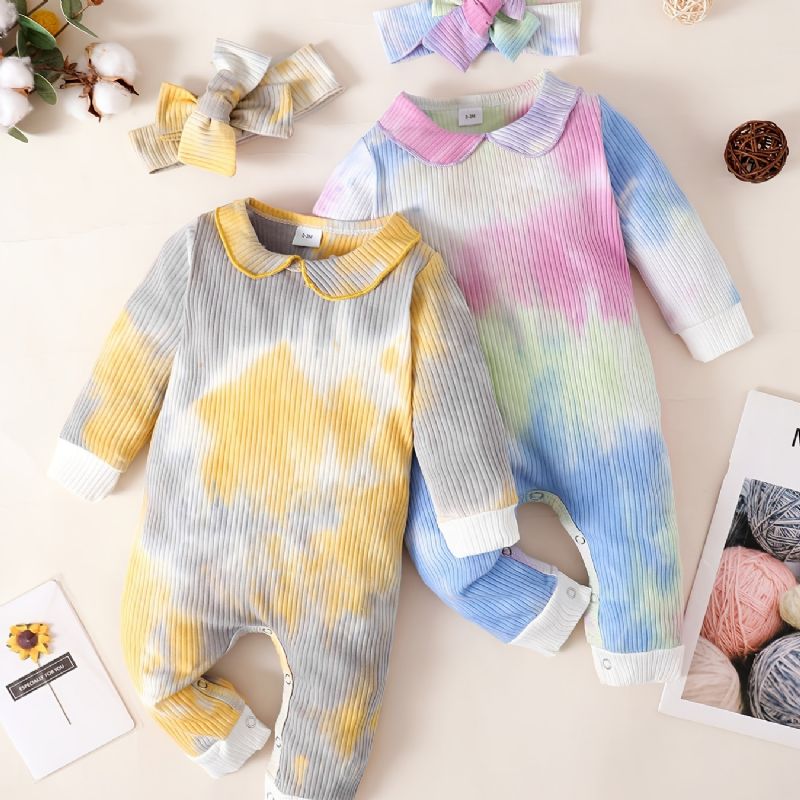 Bebis Flickor Jumpsuits Långärmad Tie Dye Rompers & Bow Pannband Set