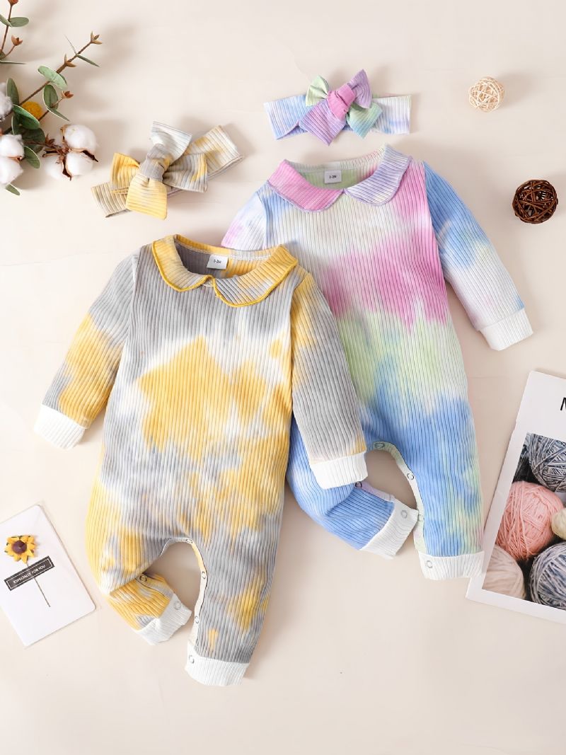 Bebis Flickor Jumpsuits Långärmad Tie Dye Rompers & Bow Pannband Set