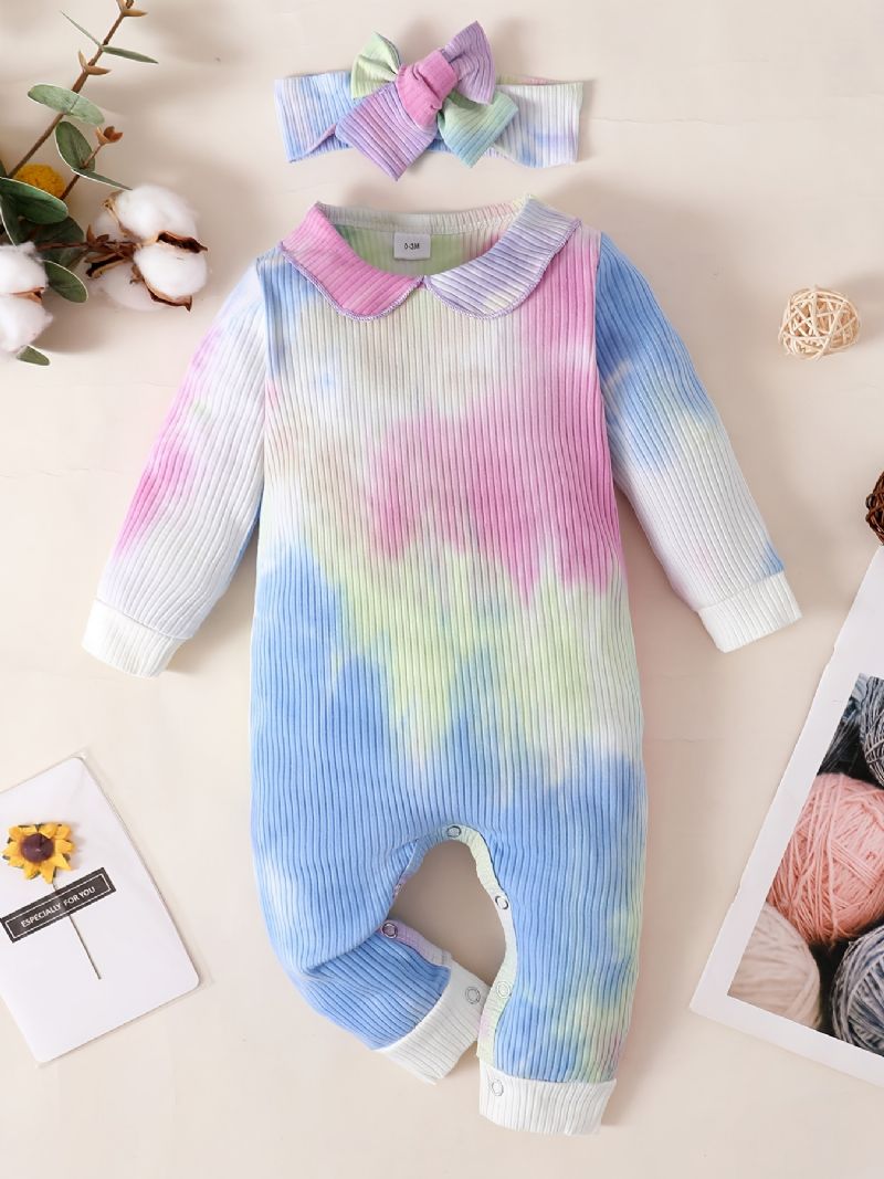 Bebis Flickor Jumpsuits Långärmad Tie Dye Rompers & Bow Pannband Set