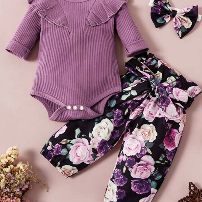 Bebis Flickor Långärmad Byxa + Blommönster + Pannband Set Bebiskläder Outfit Body Onesie Jumpsuit