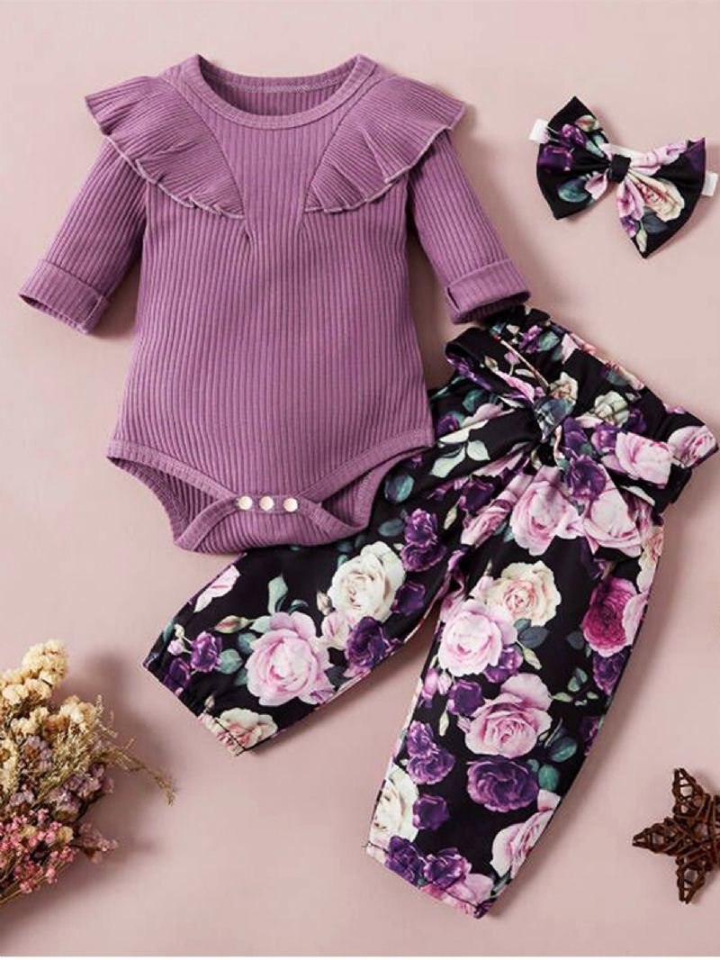 Bebis Flickor Långärmad Byxa + Blommönster + Pannband Set Bebiskläder Outfit Body Onesie Jumpsuit