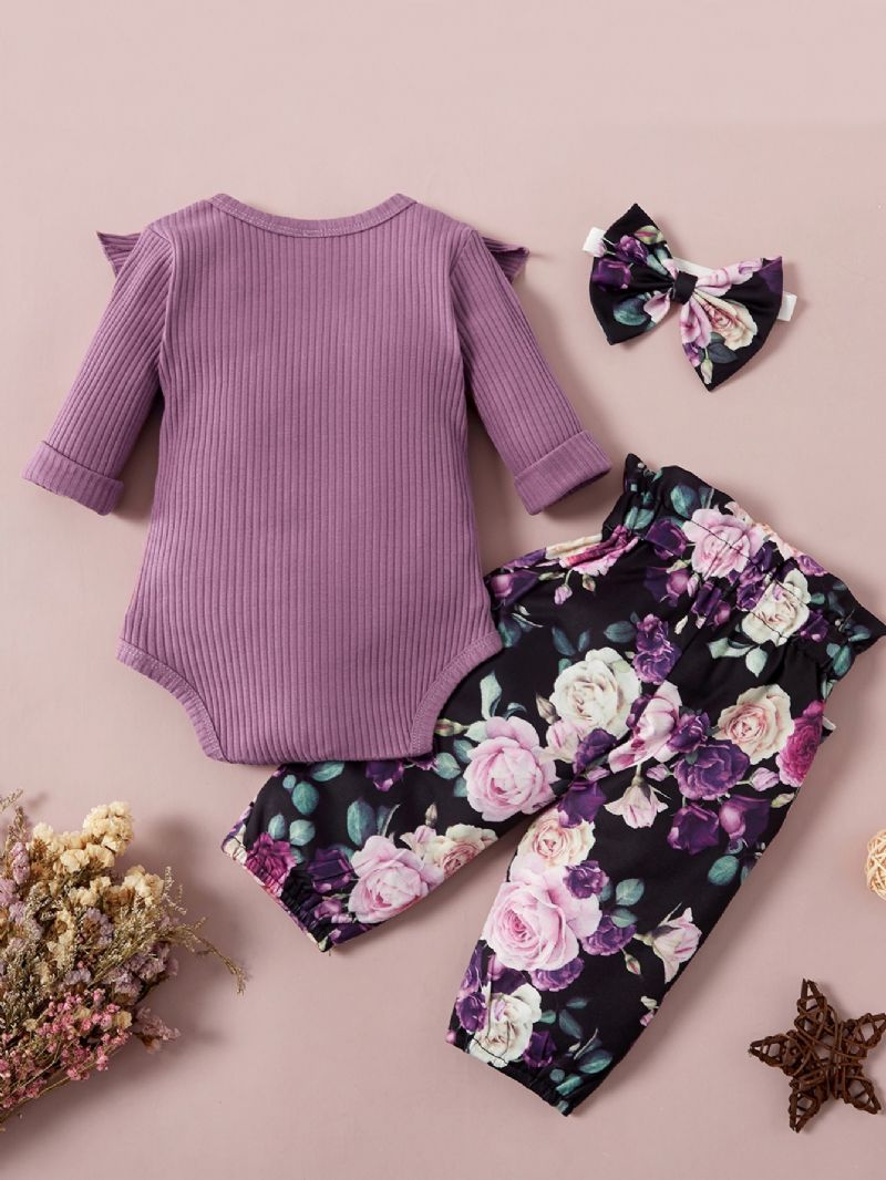 Bebis Flickor Långärmad Byxa + Blommönster + Pannband Set Bebiskläder Outfit Body Onesie Jumpsuit