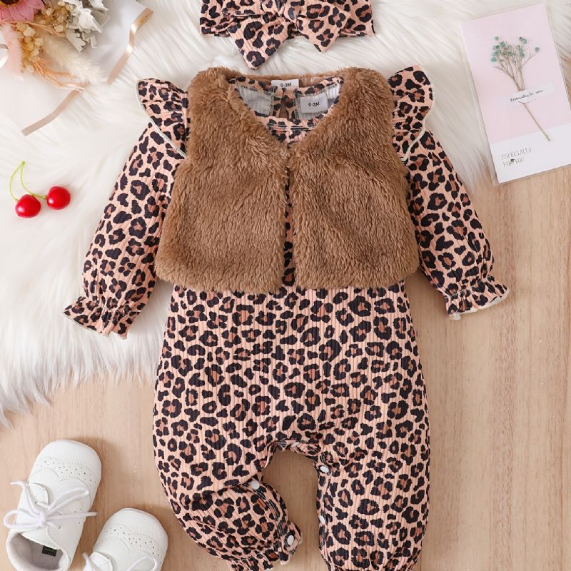 Bebis Flickor Långärmad Leopard Print Jumpsuits Med Patchwork Väst & Pannband Set