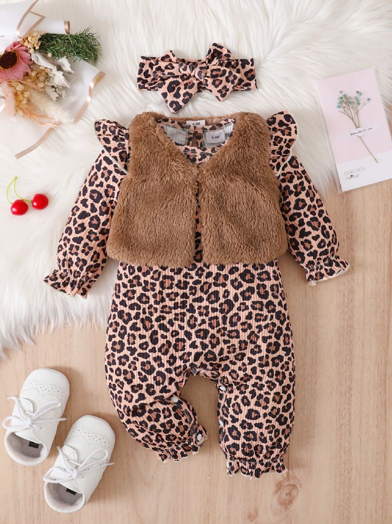 Bebis Flickor Långärmad Leopard Print Jumpsuits Med Patchwork Väst & Pannband Set