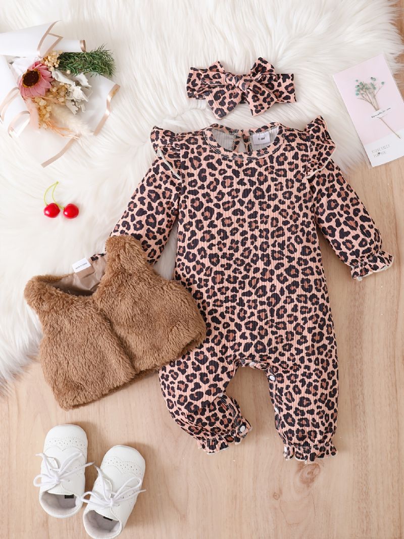 Bebis Flickor Långärmad Leopard Print Jumpsuits Med Patchwork Väst & Pannband Set