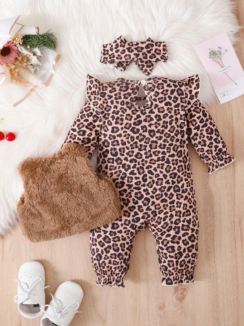 Bebis Flickor Långärmad Leopard Print Jumpsuits Med Patchwork Väst & Pannband Set