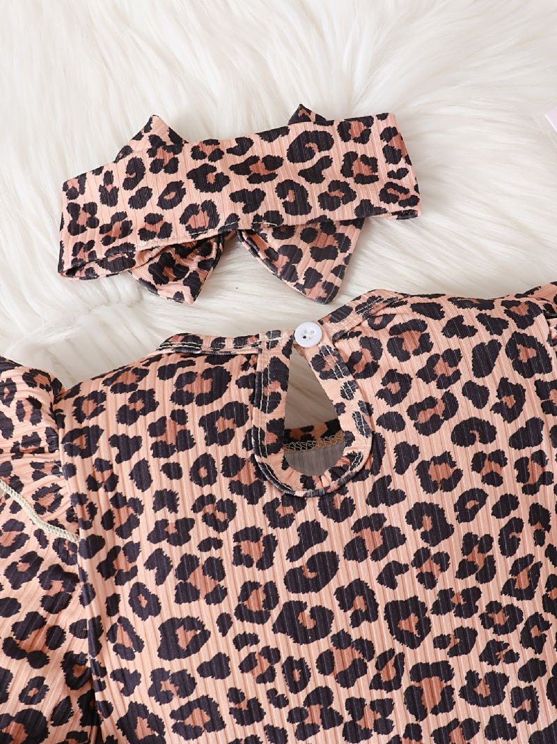 Bebis Flickor Långärmad Leopard Print Jumpsuits Med Patchwork Väst & Pannband Set