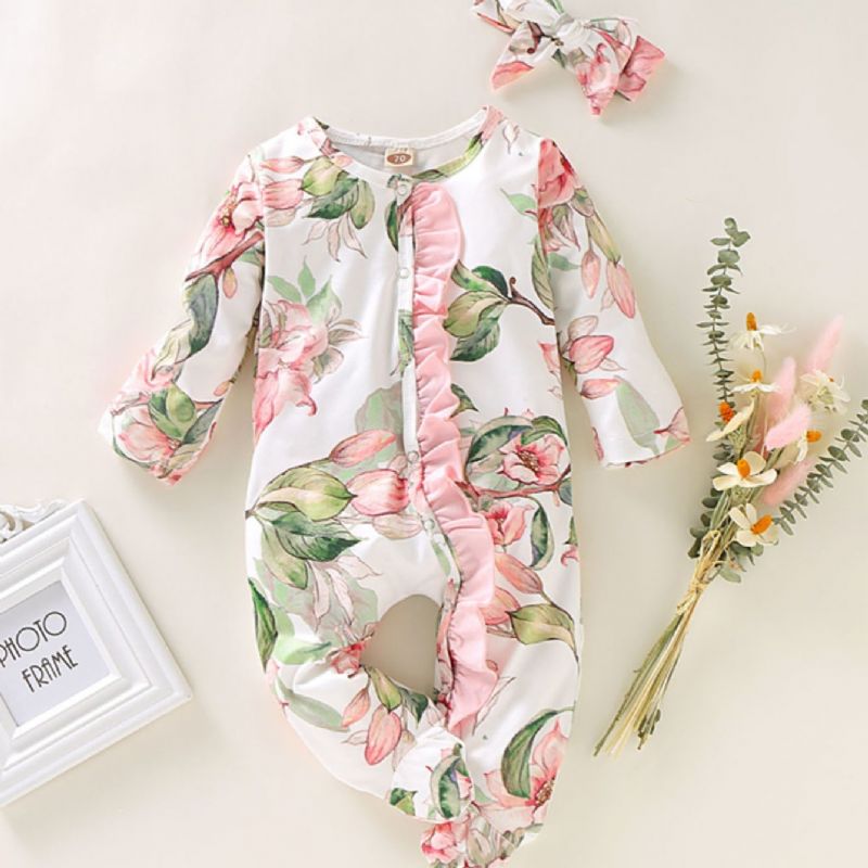 Bebis Flickor Långärmad Rund Hals Blommig Print Jumpsuit Täckt Fåll Med Huvudbonad