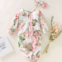 Bebis Flickor Långärmad Rund Hals Blommig Print Jumpsuit Täckt Fåll Med Huvudbonad