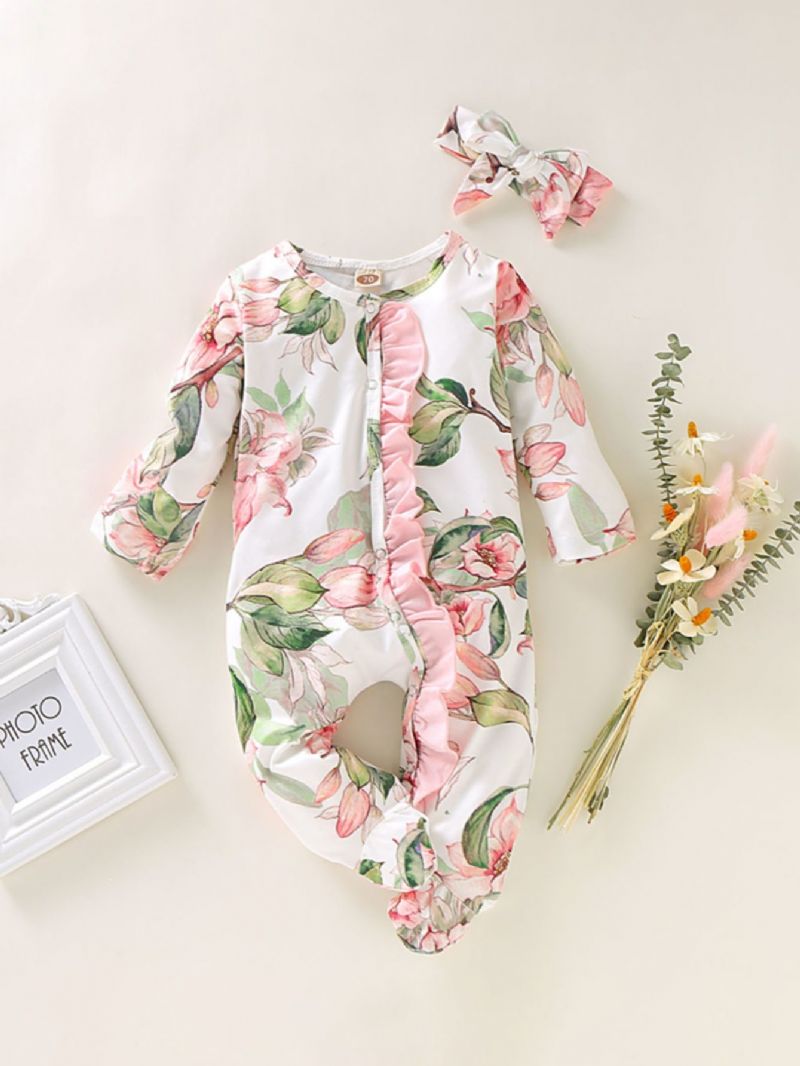 Bebis Flickor Långärmad Rund Hals Blommig Print Jumpsuit Täckt Fåll Med Huvudbonad