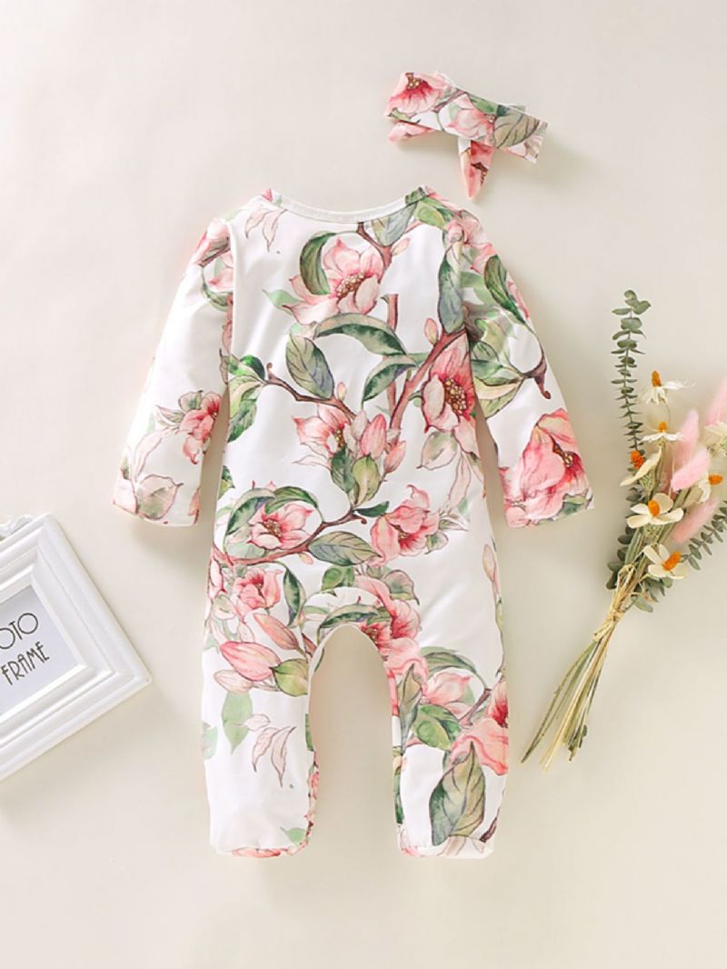 Bebis Flickor Långärmad Rund Hals Blommig Print Jumpsuit Täckt Fåll Med Huvudbonad