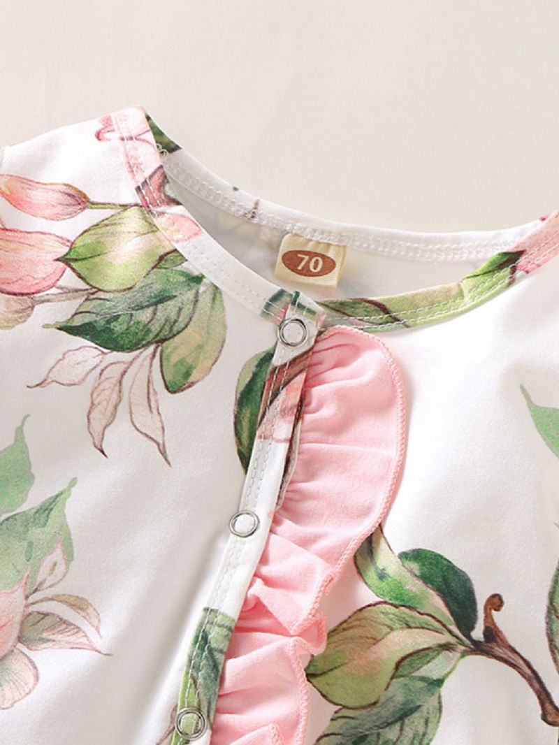 Bebis Flickor Långärmad Rund Hals Blommig Print Jumpsuit Täckt Fåll Med Huvudbonad