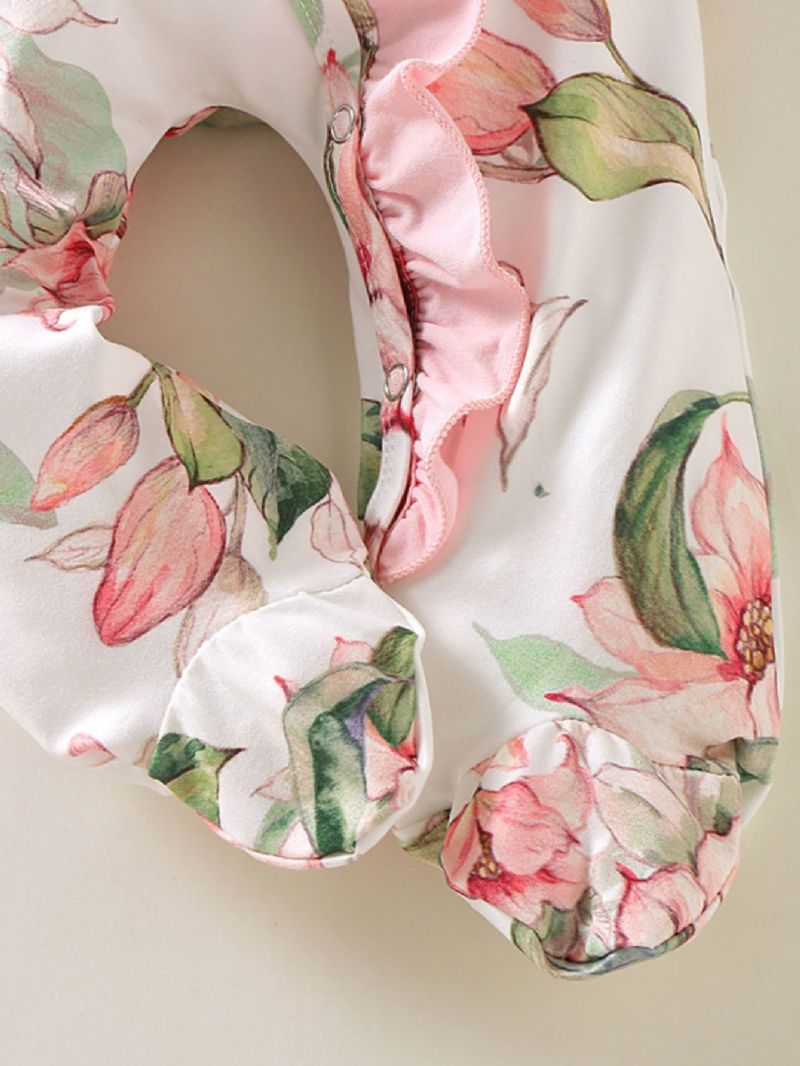 Bebis Flickor Långärmad Rund Hals Blommig Print Jumpsuit Täckt Fåll Med Huvudbonad