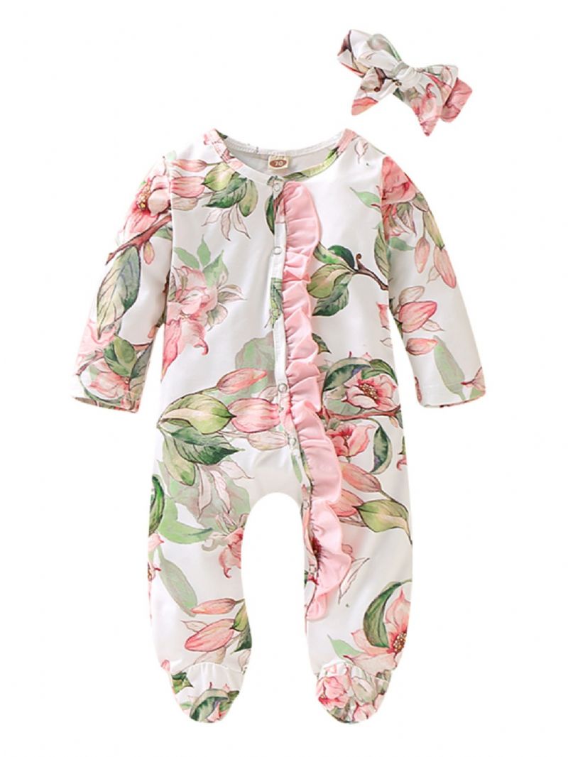 Bebis Flickor Långärmad Rund Hals Blommig Print Jumpsuit Täckt Fåll Med Huvudbonad