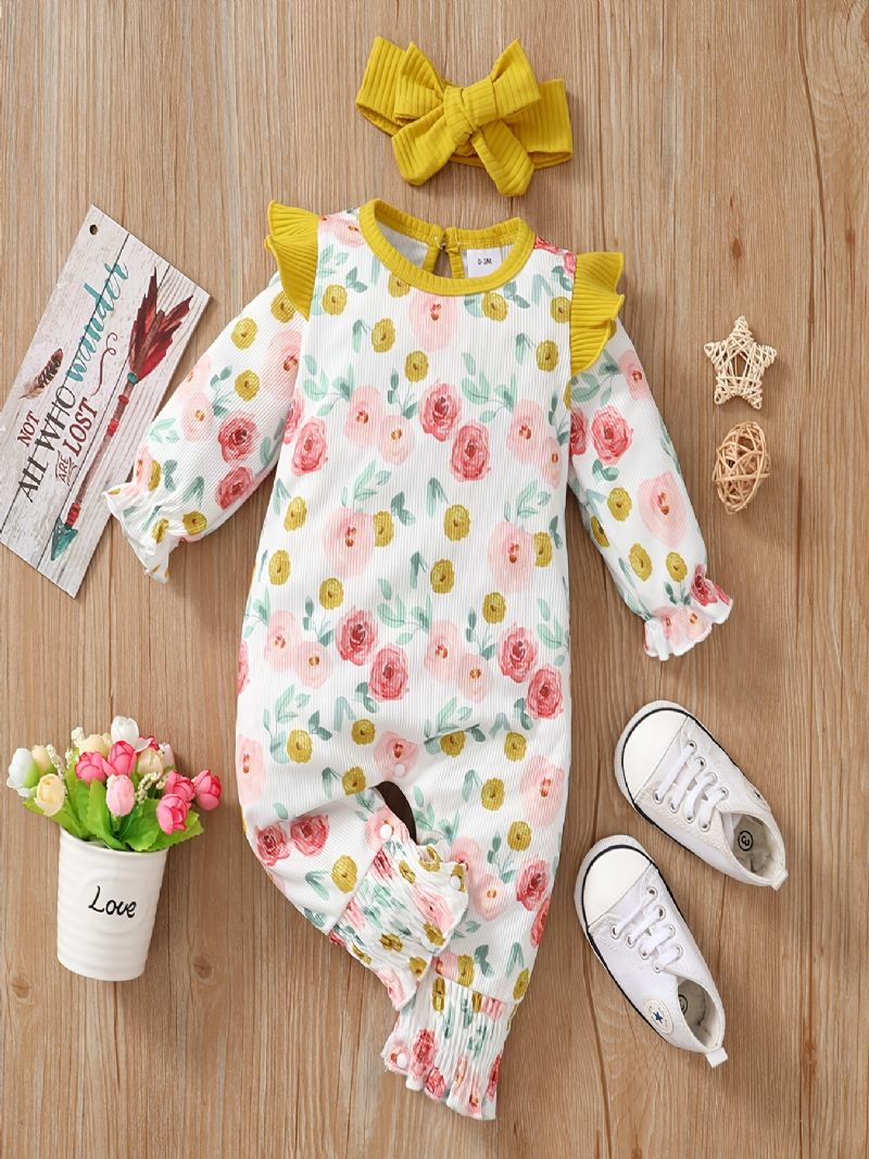 Bebis Flickor Långärmade Blommönster Jumpsuit + Pannband Set Romper Bebiskläder