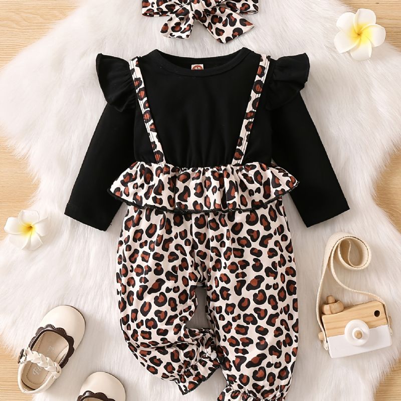 Bebis Flickor Leopard Mönster Jumpsuit Volang Långärmad Onsie Bebiskläder