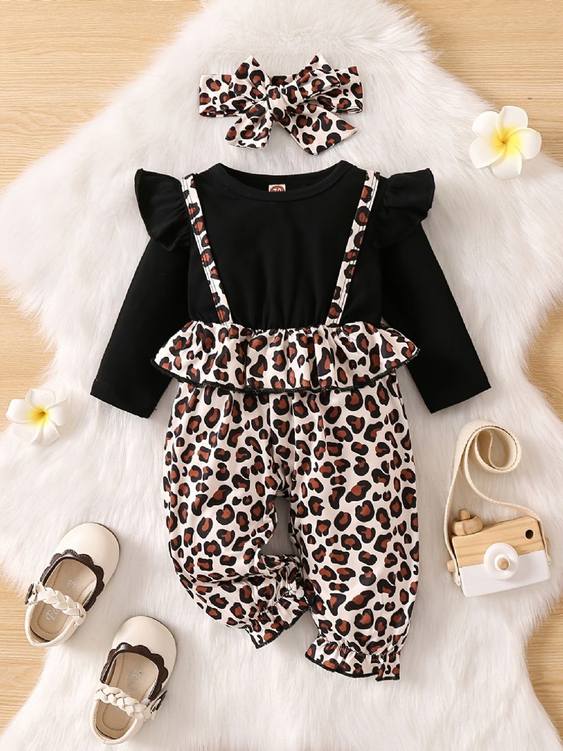 Bebis Flickor Leopard Mönster Jumpsuit Volang Långärmad Onsie Bebiskläder