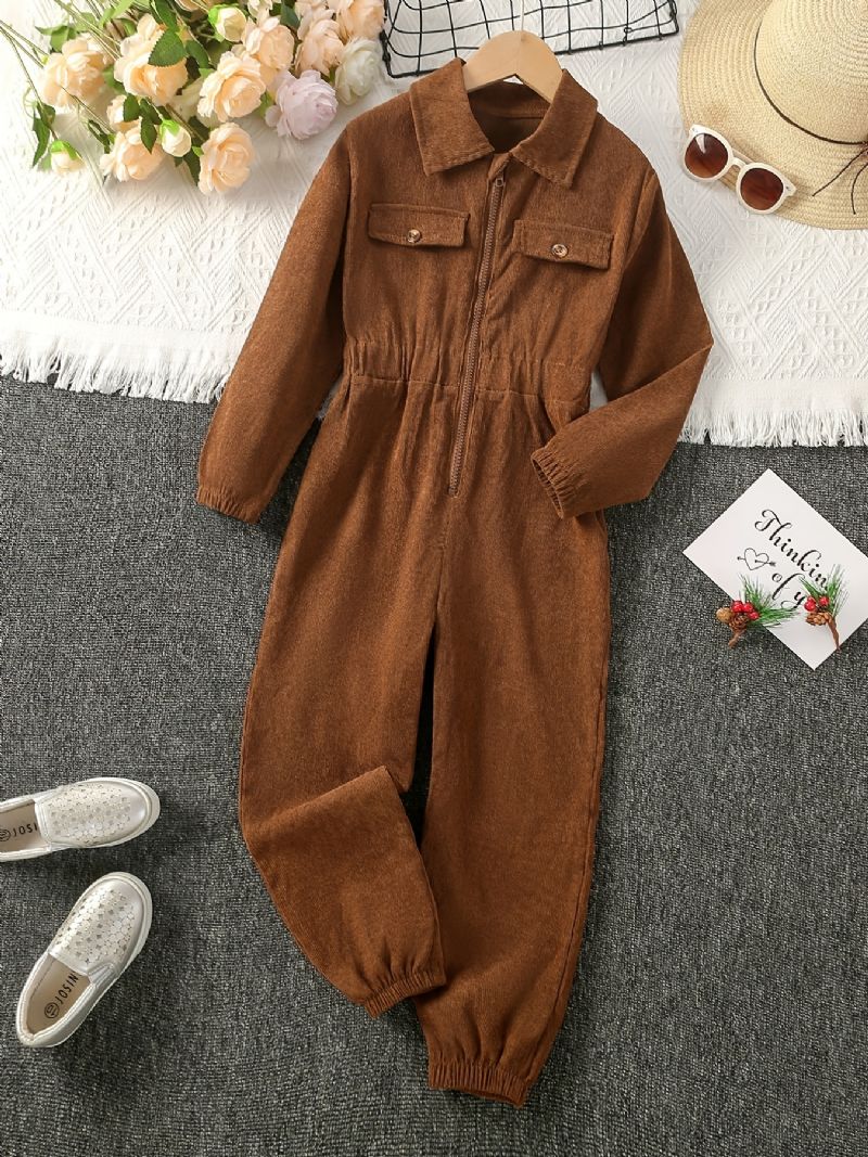 Bebis Flickor Pojkar Manchester Jumpsuit Dragkedja Lapel Enfärgad Långärmad Barnkläder