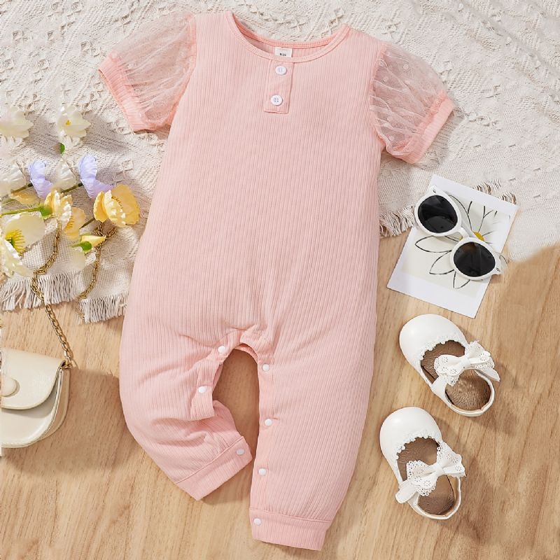 Bebis Flickor Puffärm Stickad Romper Med Mesh Patch Kort Ärm Solid Casual Jumpsuit